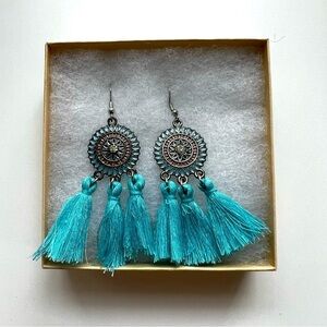 Blue Tassel Boho Flower Rarrings